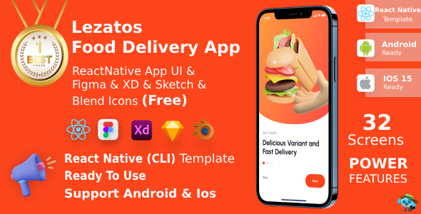 Lezatos ANDROID + IOS + FIGMA + XD + SKETCH + Blend | UI Kit | ReactNative (CLI) | Food Delivery