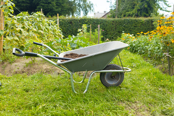 Gardeners wheelbarrow with the gardening tools in the backyard in the gardens. Care services area.