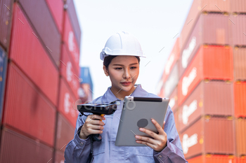 Portrait of an engineer inspecting products using a barcode scanner. Container import