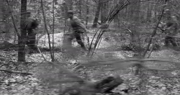 American Soldiers Of USA Infantry Of World War II Marching Running Run Along Forest In Autumn Spring