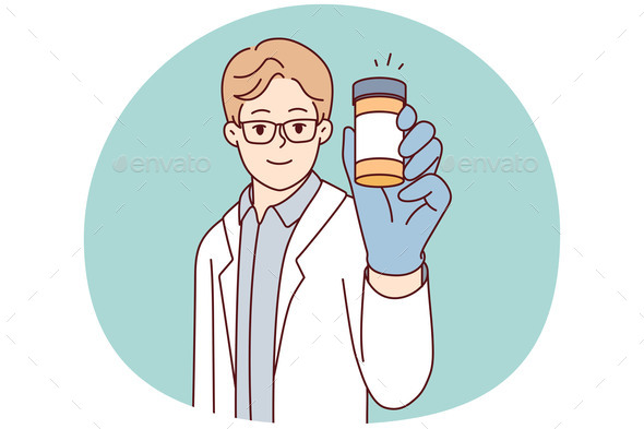 Man Doctor Shows Jar of Pills Recommending Use