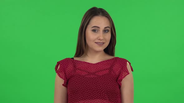 Portrait of Tender Girl in Red Dress Is Smiling Broadly and Winking. Green Screen