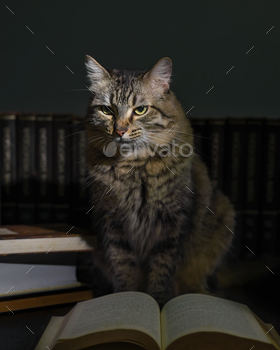 Concept of reading. World book day. Cat with books around pretending to read.