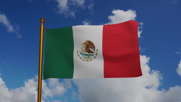 National flag of Mexico waving with flagpole and blue sky timelapse