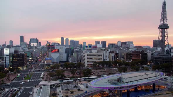 Nagoya Downtown Transportation at Sunset Timelapse