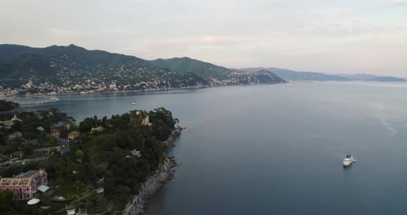 Exotic Tropical Coastline of Portofino, Italy - Aerial Panning View