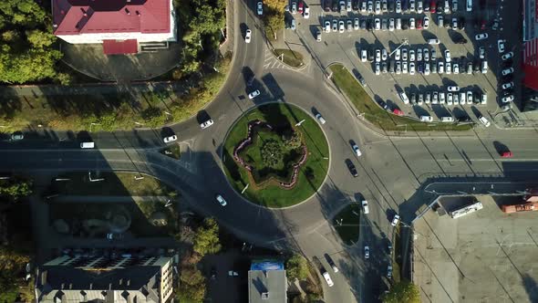 Drones Eye View Traffic Jam Top View Transportation Concept Roundabout Intersection Crossroad Aerial