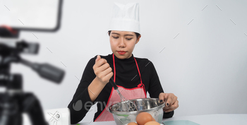 Food blogger streaming live. Online food instructor woman chef.