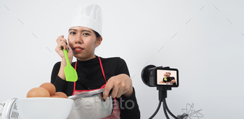 Food blogger streaming live. Online food instructor woman chef.