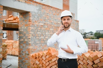 Architect at a construction site with blueprints