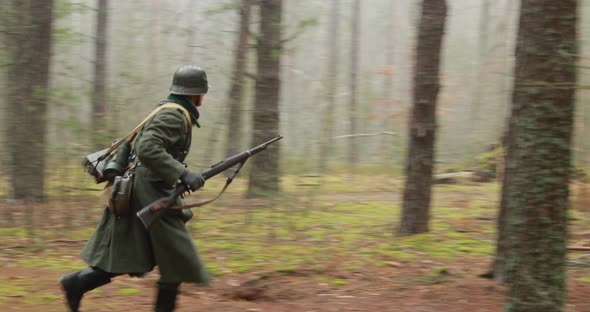 Historical Re-enactment. Re-enactor Dressed Like German Wehrmacht Infantry Soldier In World War II