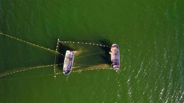 Aerial View to the Baltic Sea with the Fish Traps and Fishers