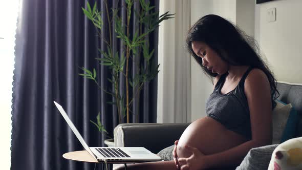 Pregnant Woman Sitting on the Sofa Caressing Her Tummy While Working on Laptop