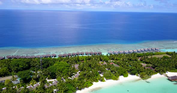 Daytime overhead abstract view of a white paradise beach and aqua turquoise water background 