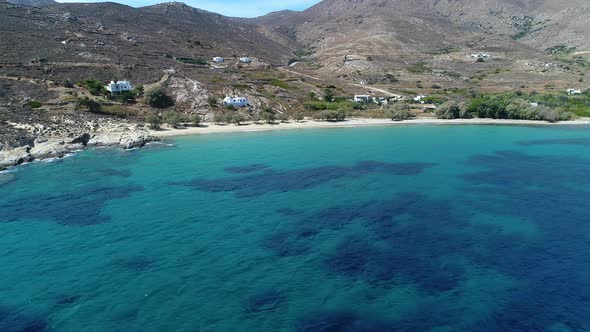 Psili Ammos beach on Serifos island in the Cyclades in Greece seen from the sky