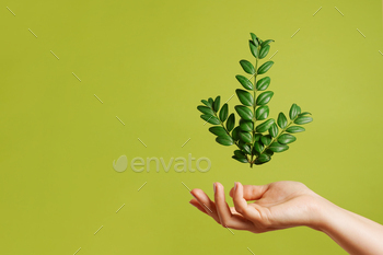 Green plant in female hand on the plain green background, copy space
