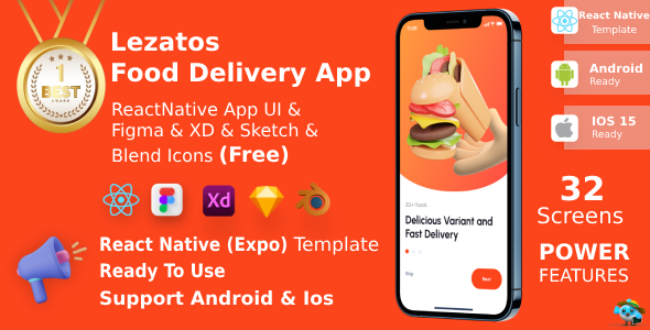 Lezatos ANDROID + IOS + FIGMA + XD + SKETCH + Blend | UI Kit | ReactNative (Expo) | Food Delivery