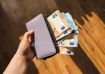 Wallet with euro money banknotes in a hand.