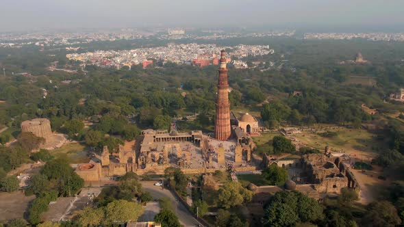 Ancient "Qutb Minar" mosque, India, Delhi, Aerial 4k drone footage
