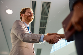 Below view of businessman handshaking with a colleague in the office.