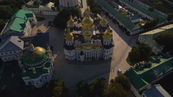 Drone is Flying Over a Building in Pechersk Lavra Kyiv Ukraine Landmark