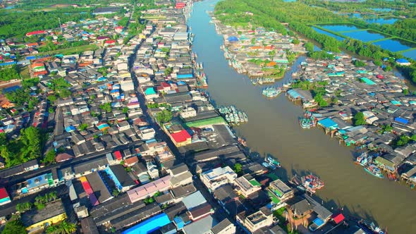 An aerial view from a drone flying over Pak Nam Chumphon