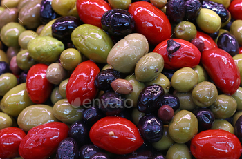 Mix of olives in oil close up