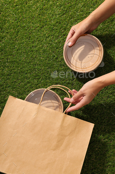 Ecological packaging for food delivery, on the grass.