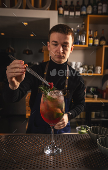 Barmen is decorating cocktail