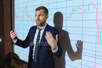 Businessman does Financial Analysis talks to Group of Businessspeople.