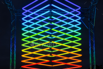 Neon lights as a background. Installation of neon lines for the design.