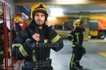 A firefighter puts on a fire uniform at the fire department