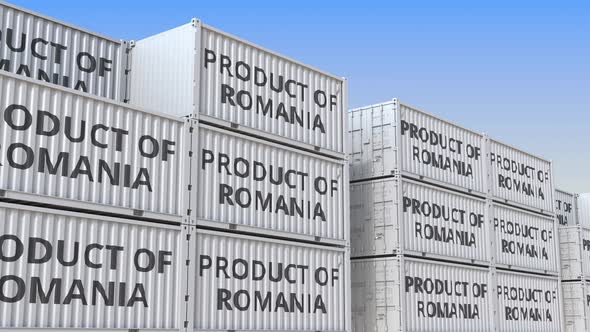 Containers with PRODUCT OF ROMANIA Text in a Container Terminal