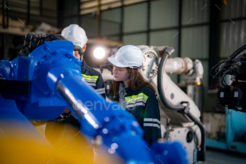 Indusrtial Robot, Engineers inspecting and check up  welding robots at factory.