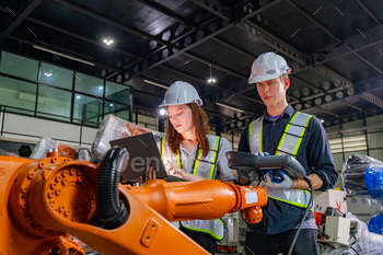 Indusrtial Robot, Engineers inspecting and check up  welding robots at factory.