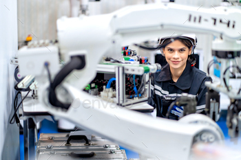 Indusrtial Robot, Engineers inspecting and check up  welding robots at factory.