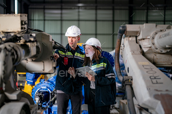 Indusrtial Robot, Engineers inspecting and check up  welding robots at factory.