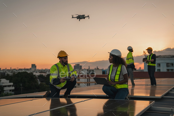 Service engineer checking solar cell on the roof for maintenance with drone technology.