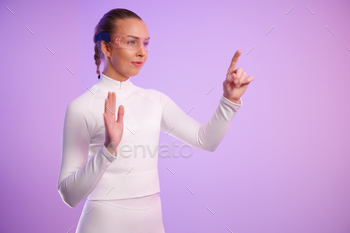 Female in smartglasses against purple background