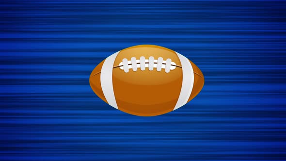 Flying American football ball on blue background. Looped animation of throwing a ball