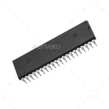 40 pin electronic integrated circuit or microchip isolated on white.