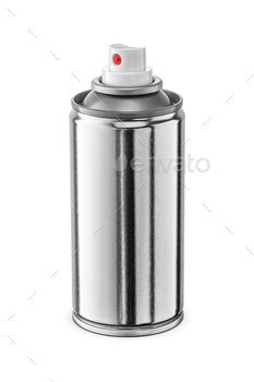 Blank aluminum spray can without label isolated on white. Metal aerosol spray dispenser bottle.