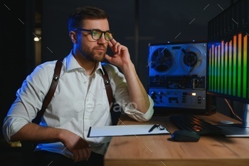 A male spy listens and records conversations on a reel-to-reel tape recorder