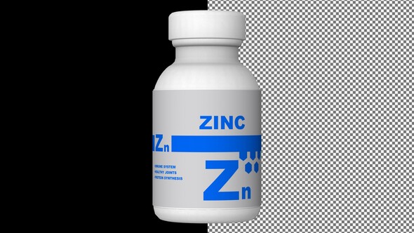 A bottle of Zinc capsules, Pills, Tablets, Alpha Channel, Looped, 3D Render alt