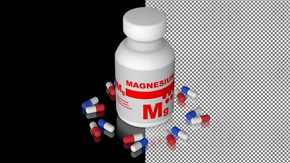 A bottle of Magnesium capsules, Pills, Tablets, Alpha Channel, Looped, Mirror, 3D Render alt