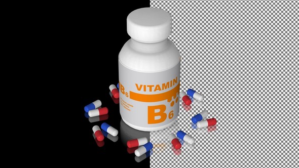 A bottle of Vitamin B6 capsules, Pills, Tablets, Alpha Channel, Looped, Mirror, 3D Render