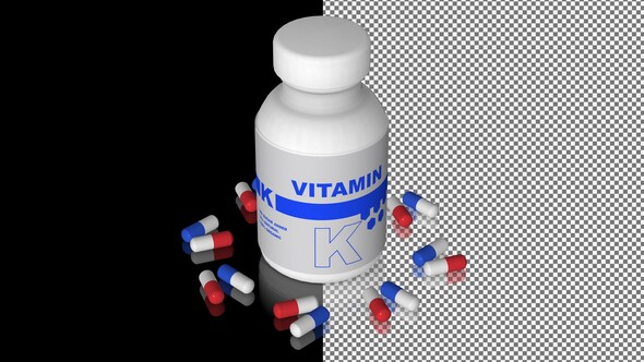 A bottle of Vitamin K capsules, Pills, Tablets, Alpha Channel, Looped, Mirror, 3D Render alt