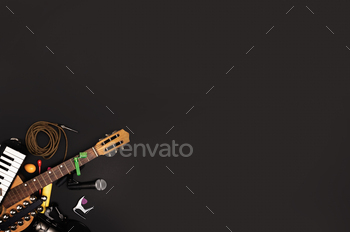 Musician's Desktop with Instruments and Recording Gear background
