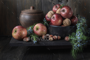 Ripe autumn apples and other fruits