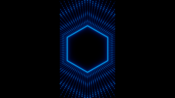 Vertical video blue neon hexagon frame with waves of dots loop animation